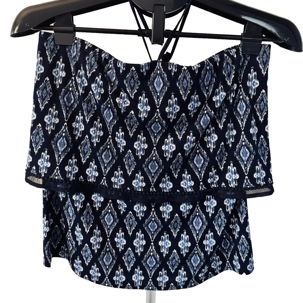 White House Black Market Ikat Print Off-Shoulder Tassel Blouse Size S Boho Coast